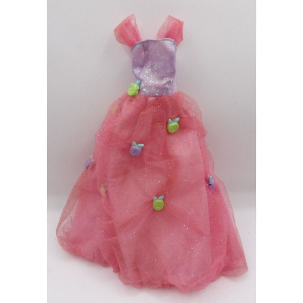Barbie Brand Pink & Lavendar Ball Gown embellished with plastic roses on netting
